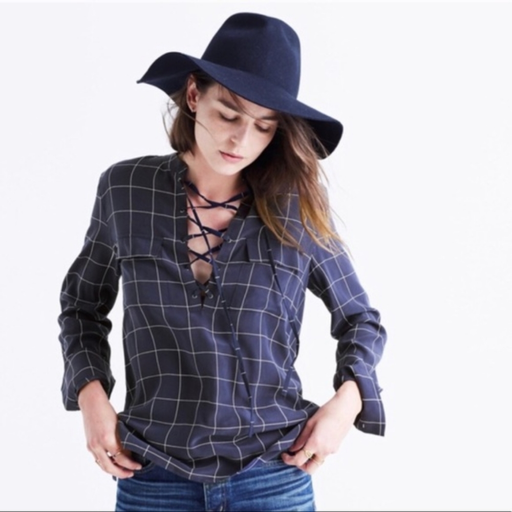 Madewell Silk Lace-Up Shirt in Windowpane Plaid